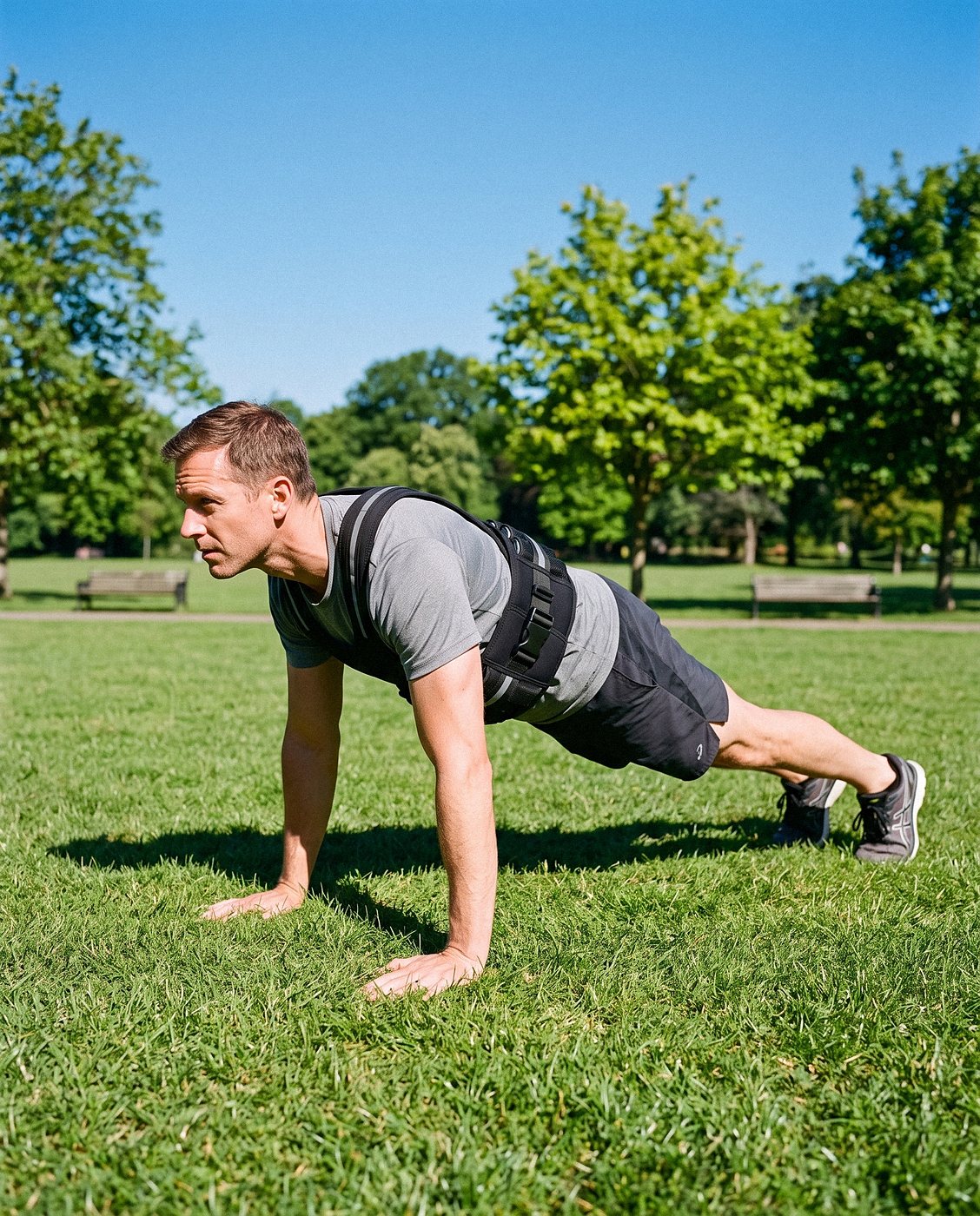 Man doing loaded push-ups in a HEFT Heavy weighted vest