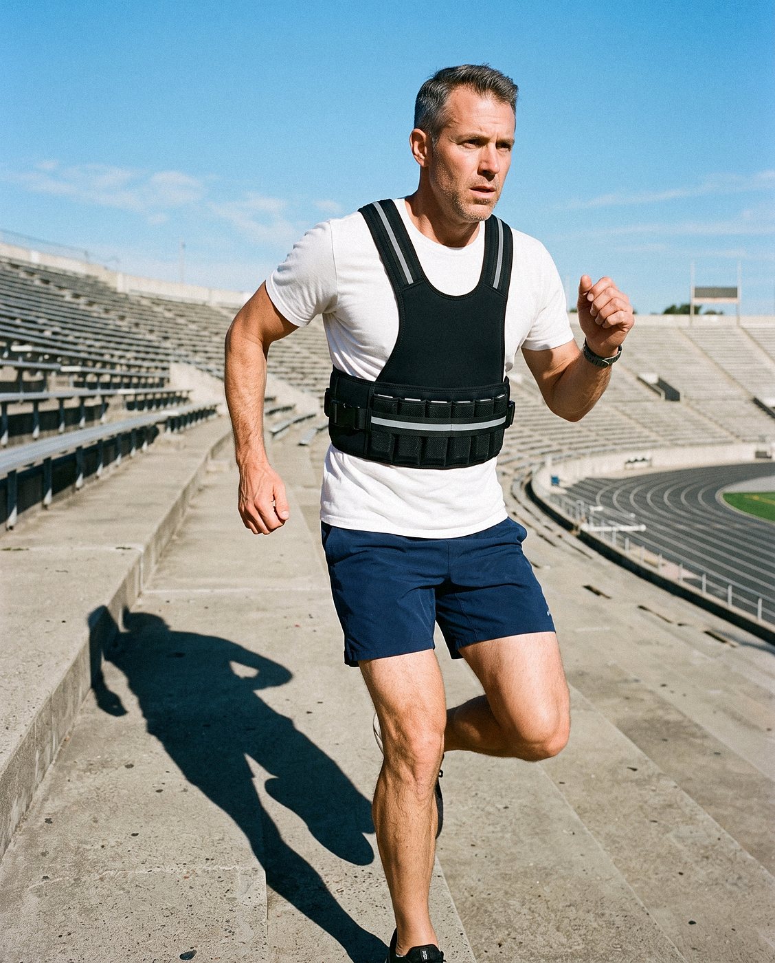 Man climbing stadium stairs wearing a HEFT Core weighted vest