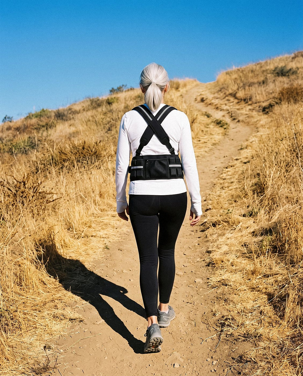 Back view on a trail: X-straps and reflective stripes
