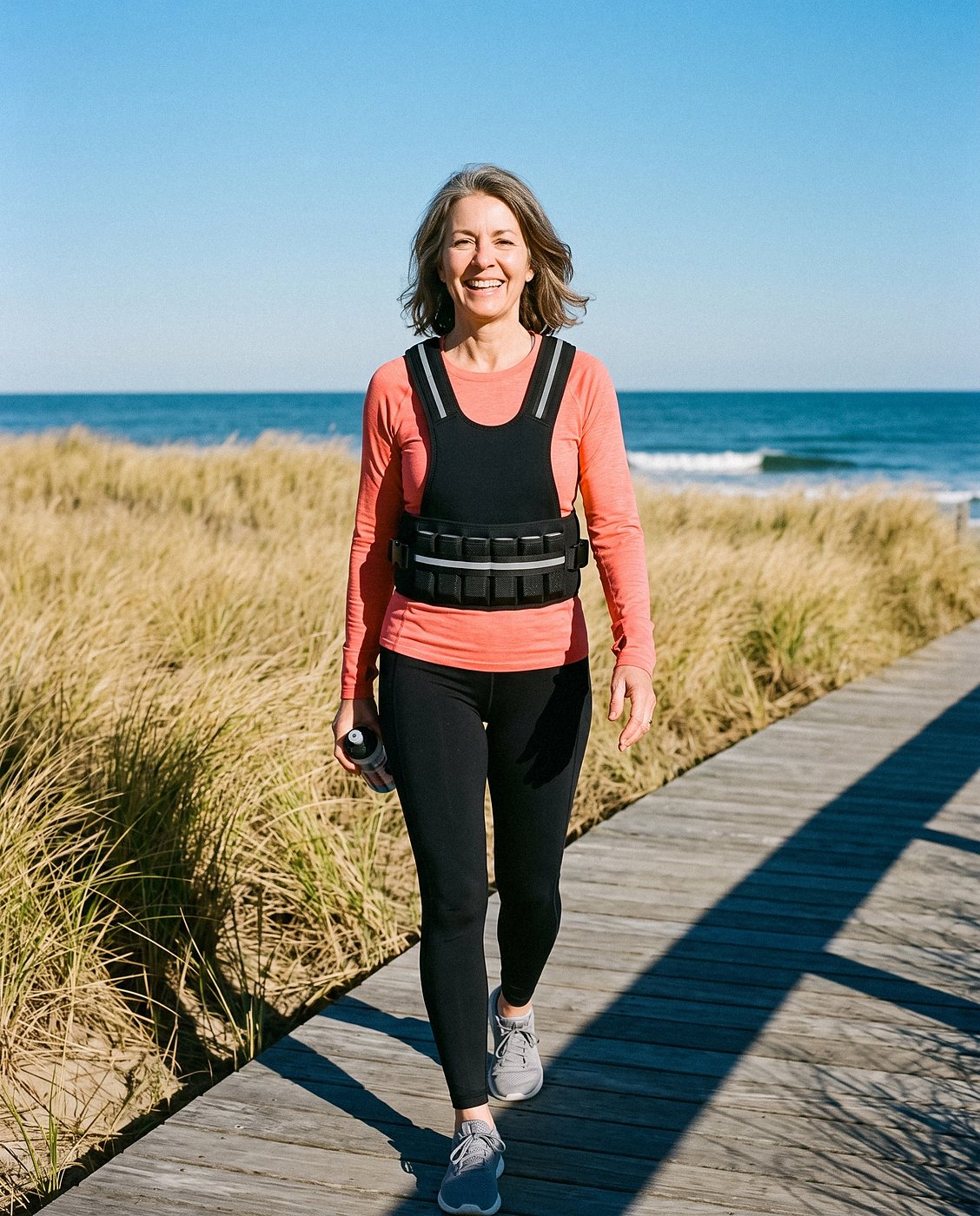 Woman walking in the sun wearing a HEFT Light weighted vest